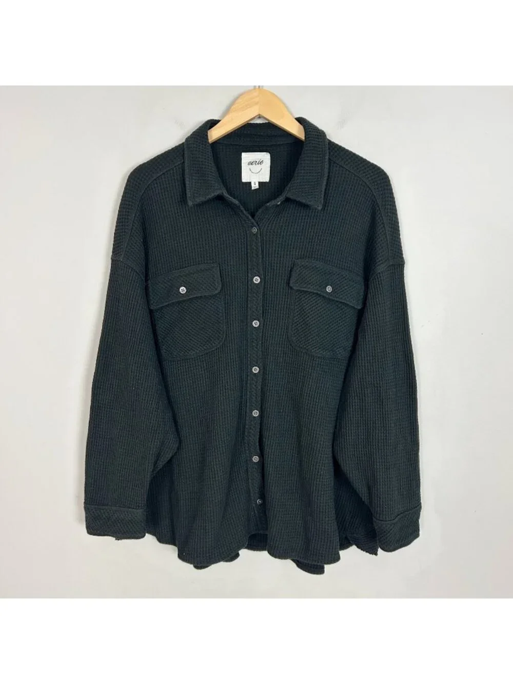 Aerie Waffle Lumber Jane Button Front Shirt Black Oversized Size XL Women's - Picture 1 of 5